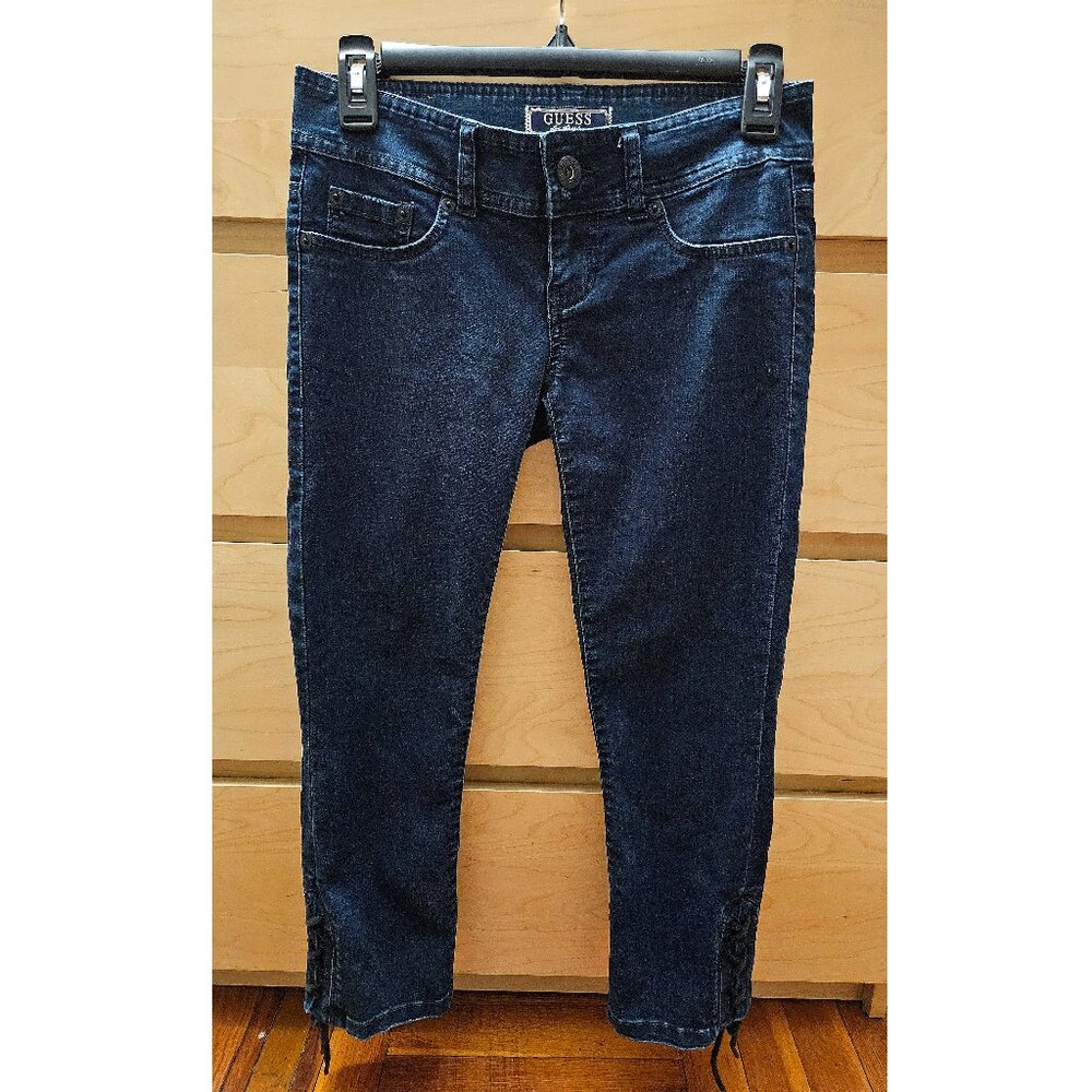 GUESS Y2K Low-Rise Cropped Skinny Lace-Up Hem Dark Blue Jeans Size 24